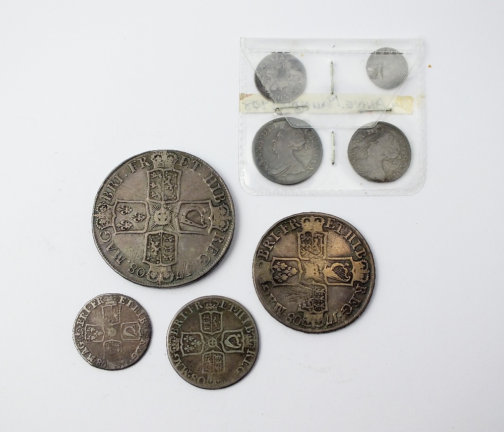 A collection of Queen Anne coinage, dated 1708, comprising; crown, 'E' below bust, Septimo edge, S. - Image 2 of 2