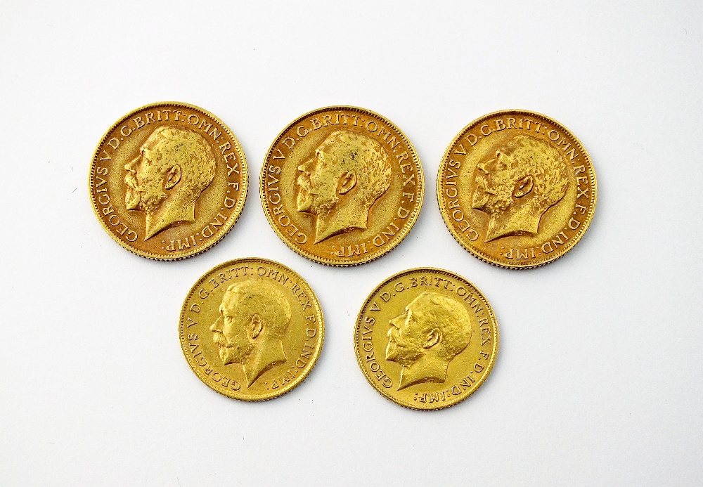 Three George V sovereigns, dated 1911, 1912 and 1918, together with two George V half sovereigns,