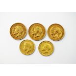 Three George V sovereigns, dated 1911, 1912 and 1918, together with two George V half sovereigns,