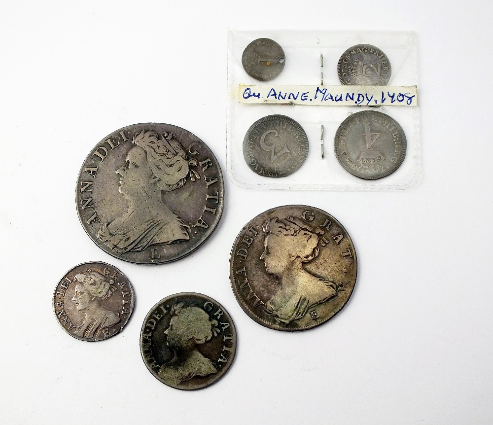 A collection of Queen Anne coinage, dated 1708, comprising; crown, 'E' below bust, Septimo edge, S.