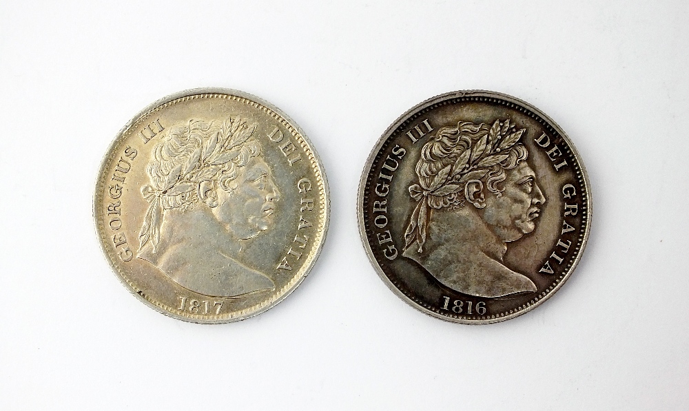 Two George III half crowns, dated 1816 and 1817, bull or large head, ref S.