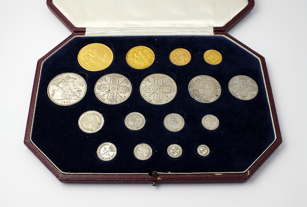 A Victoria 1887 Jubilee Head cased set, comprising £5, £2, sovereign, half-sovereign, crown,