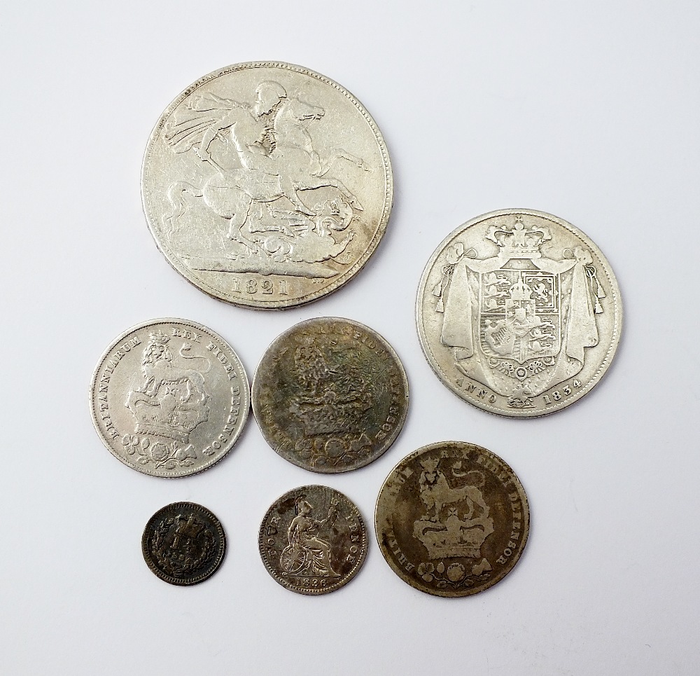 A George IV crown, dated 1821, together with three shillings, dated 1826, a William IV half crown, - Image 2 of 2