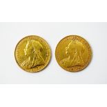 Two Victoria Old Head sovereigns,