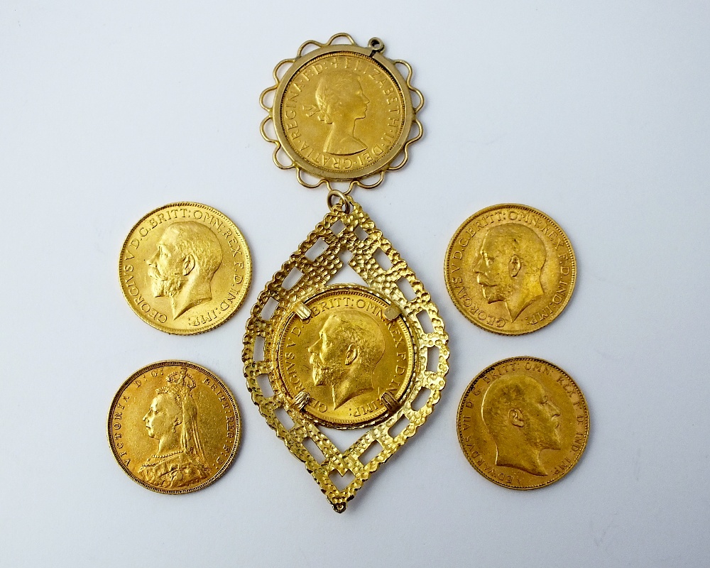 Six assorted sovereigns, two within pendant mounts, comprising; Victoria Jubilee head, dated 1892, - Image 2 of 2