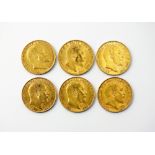 Six Edward VII sovereigns, dated 1902, 1905, 1906,