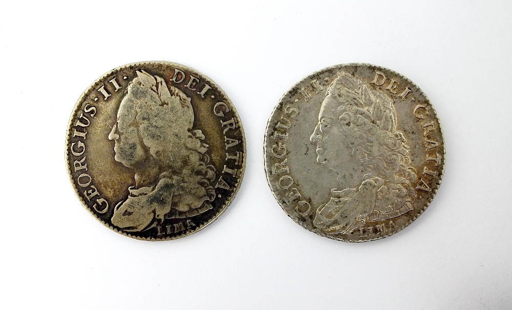 Two George II half crowns, dated 1745, Lima below bust, Decimo Nono edge, ref S.