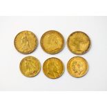 Three Victoria sovereigns dated 1872, 1892 and 1895, together with three half sovereigns,