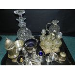 Two cut glass decanters, an electroplated and cut glass condiment set,