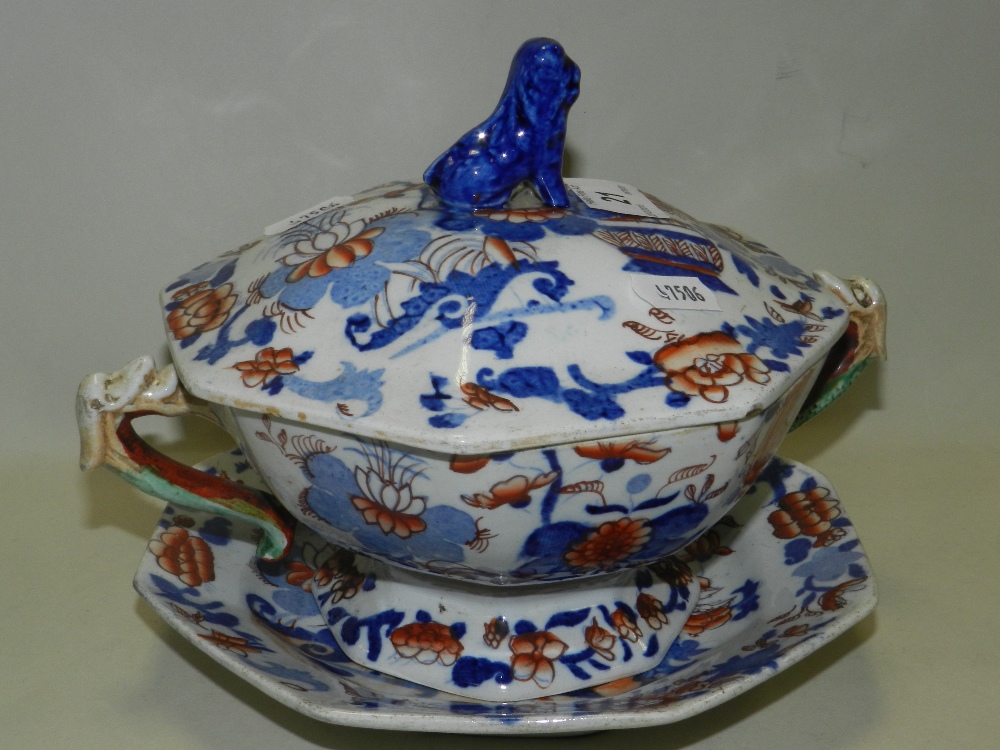 A early to mid 19th century English ironstone tureen cover and stand in the imari palette possibly