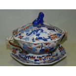 A early to mid 19th century English ironstone tureen cover and stand in the imari palette possibly