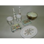 A tray of Halcyon Days enamel ware including two boxes and covers, two posy holders,