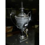 An Edwardian electroplated samovar of trophy form with twin handles and knopped finial,