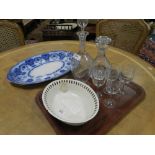 A Wedgwood creamware oval basket, mid to late 19th century, together with a cut glass decanter,