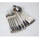 A set of twelve Victorian silver Fiddle and Thread pattern dessert spoons and forks,