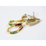 A pair of diamond, ruby and emerald hoop earrings, the yellow metal stamped '750',