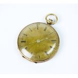 A continental yellow metal fob watch, the decorative champagne dial with black Roman numerals,