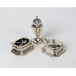 A matched three piece silver condiment set, London 1916 & 1948,