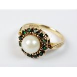A 9ct gold freshwater cultured pearl and green stone dress ring, weight 3.