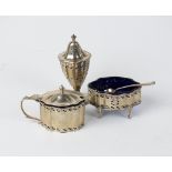 A three piece silver condiment set, Robinson & Co Ltd, London 1934, comprising; a salt,