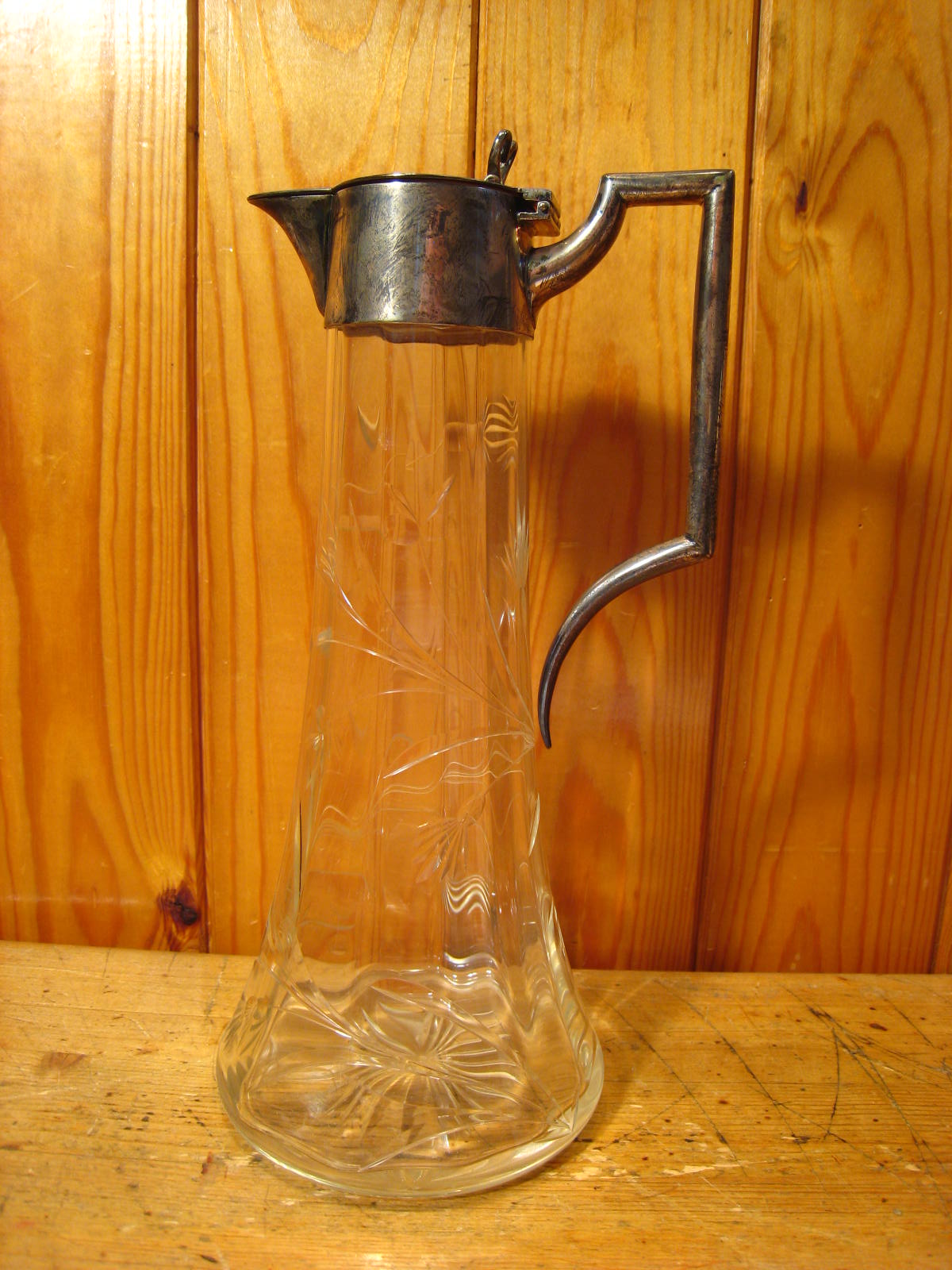 A sterling silver mounted claret jug, the broad star cut base rising to a cylindrical body and - Image 4 of 7