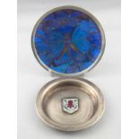 A silver pin tray with enamelled shield