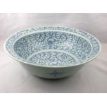 A large open water bowl in blue and whit