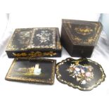 A gilt black lacquered writing box with abalone inlay, the lid forming a velvet lined slope,