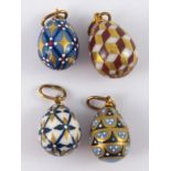 Four Russian enamelled eggs, maker's mark only.