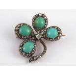 A 19th century French hallmarked 18 carat gold turquoise and rose cut diamond four leaf clover