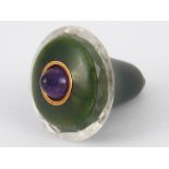 A Russian nephrite pendant bell push with amethyst button. 4.2cm. diameter x5.5cm. high.