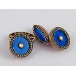 A pair of gold, rose cut diamond and blue enamel cufflinks,