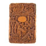 A Chinese hardwood card case finely carved with rural scenes, slight damages to lid.