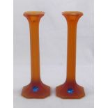 A pair of Russian frosted finish coloured glass candlesticks in the Art Deco manner with original