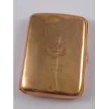 A 9 ct. gold curved rectangular cigarette case, crested. Birmingham 1912. 8x6cm. wt. 50.2gm.