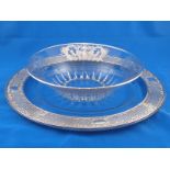 A large glass plate , the broad rim with 925 marked silver band, 35cm.