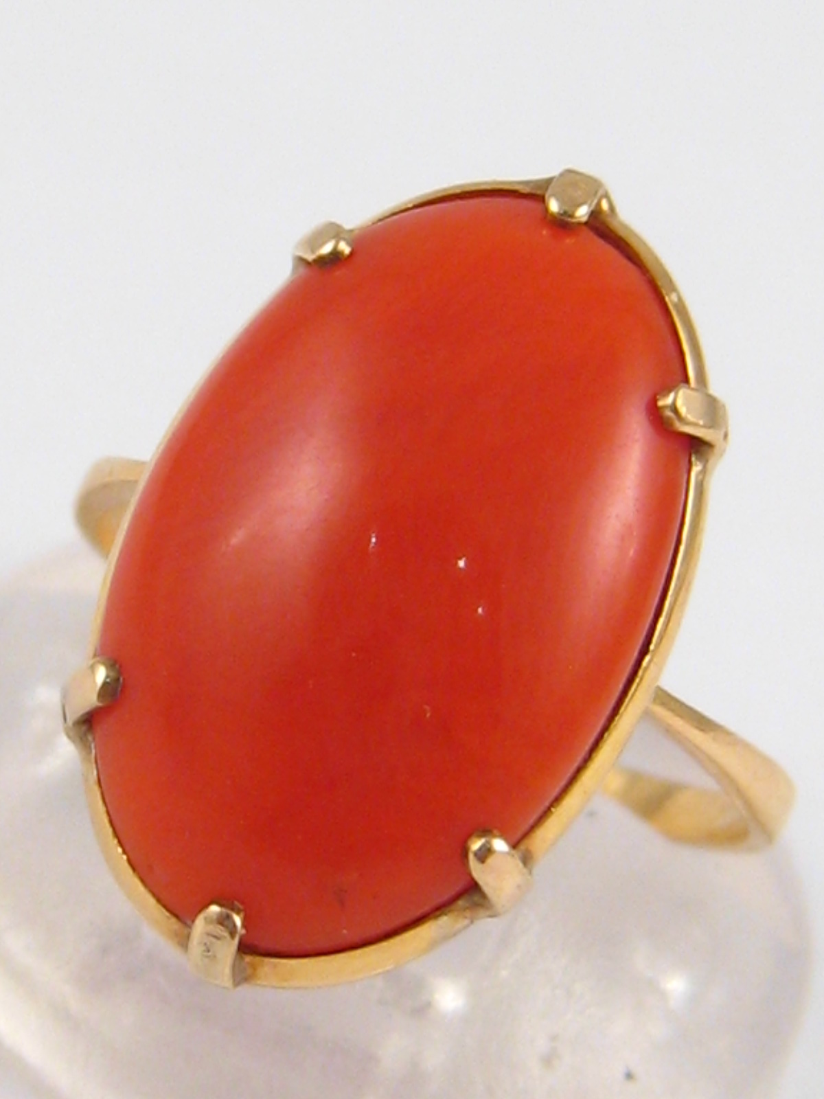 A yellow metal (tests 18 carat gold) coral ring, the coral of good colour measuring approx 16. - Image 2 of 2