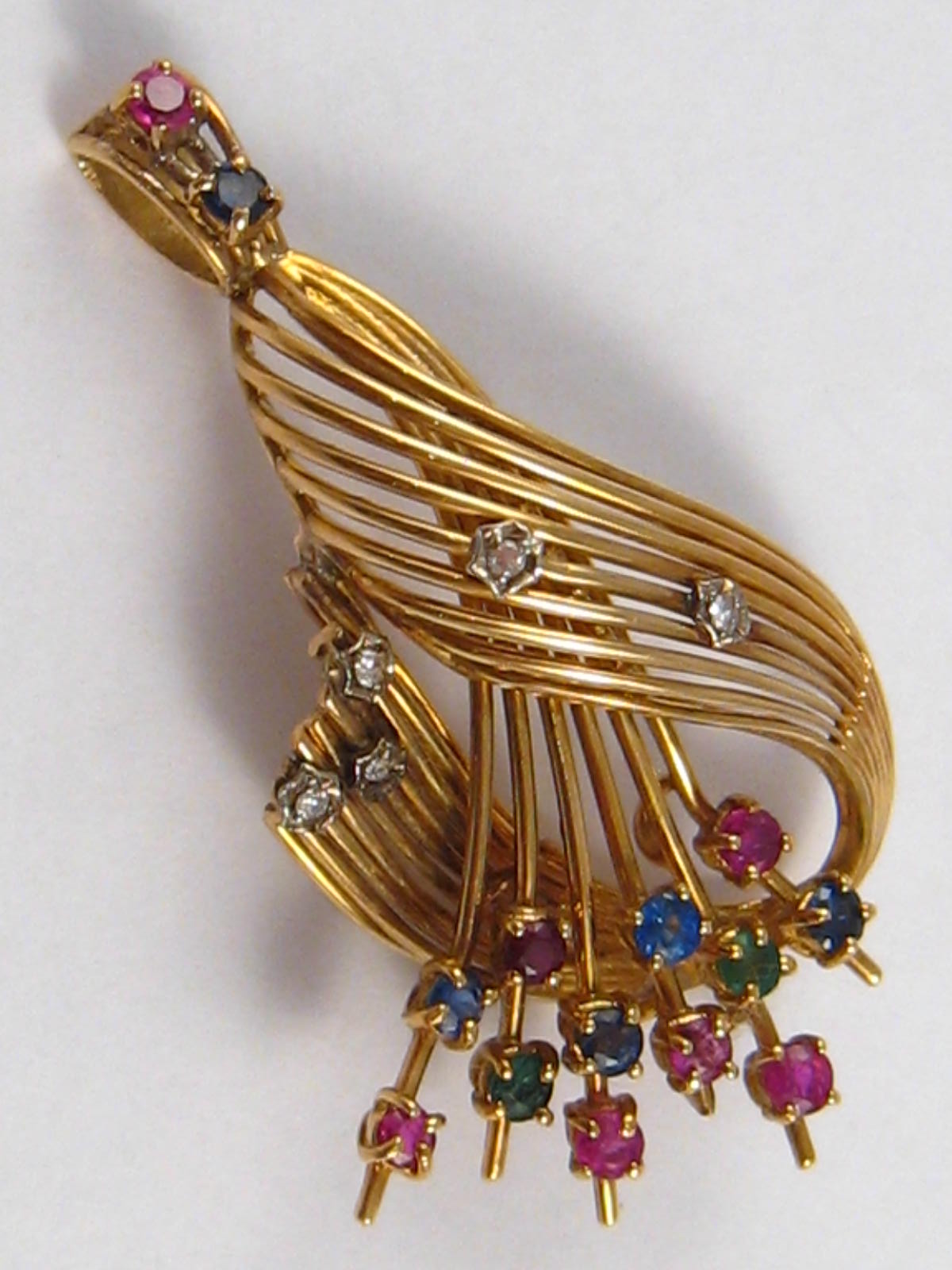 A yellow metal (tests 18 carat gold) ruby, sapphire, emerald and diamond pendant, approx 5cm, 9. - Image 2 of 2