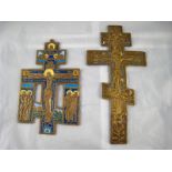Two finely cast brass Orthodox crucifixes, one enamelled recent example with wall fixing, 14x22cm.