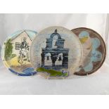 Three Dutch biscuit ceramic plates, the fronts hand painted, two signed “Amsterdam Plate” ,