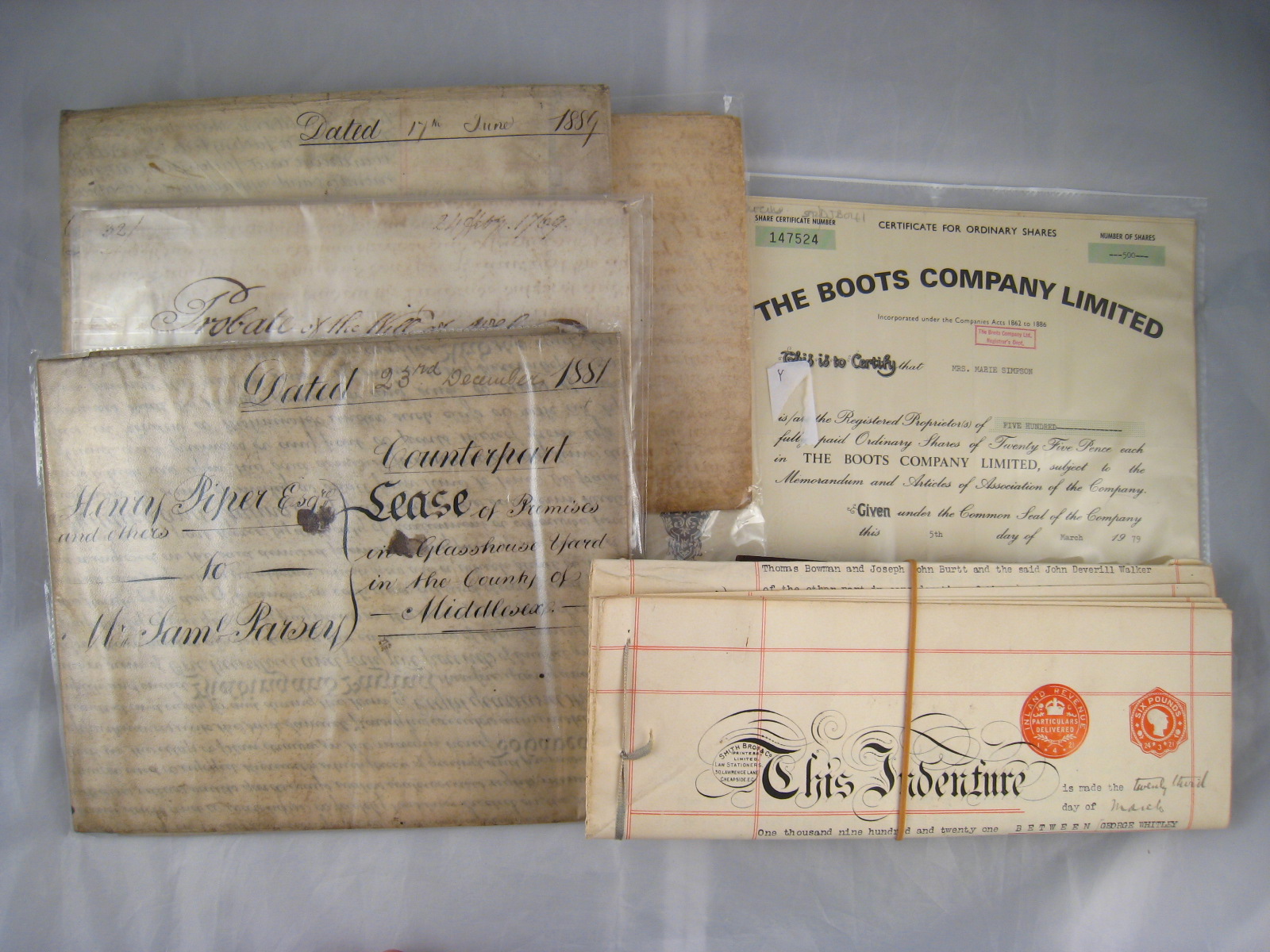 A number of parchments and other legal documents, including an 18th century Indenture,