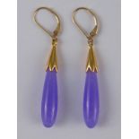 A pair of purple stone earrings with yellow metal (tests 9 carat gold) fittings, drop approx 5cm, 5.