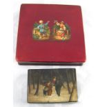 Two Russian lacquered boxes, the hinged lid of one with hunters in the forest, 12x8.5x4cm.