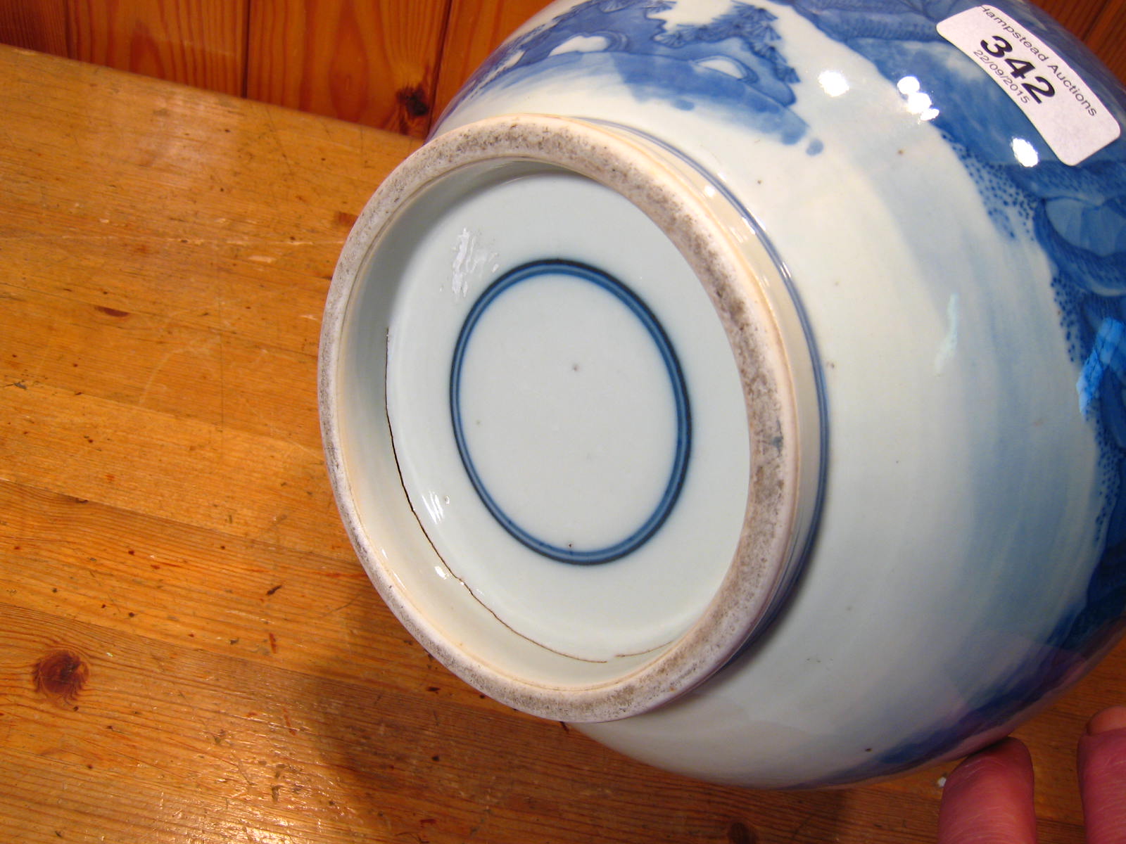 A 20th century double gourd shaped Chinese vase with landscape in blue and white. Ht.39cm. Repaired. - Image 10 of 17