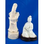 Two blanc de chine ceramic figures, one seated holding a vase, on hardwood stand, ht. 14cm.