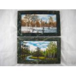 A pair of textured "sand"pictures on marble in green granite frames of northern forest landscapes