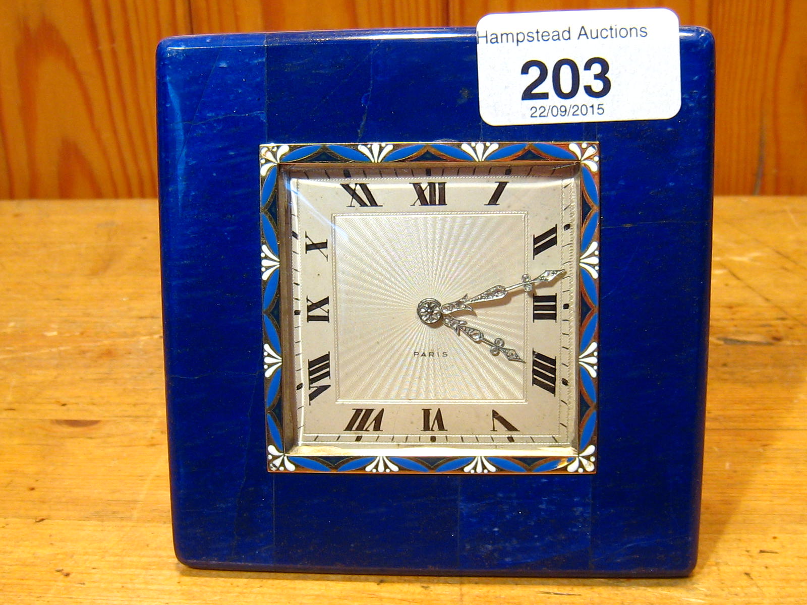 A French hallmarked silver and lapis lazuli clock, with gold, silver and enamel bezel and diamond - Image 11 of 18