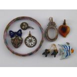 A mixed lot including enamelled pendants, micromosaic items and a bangle.
