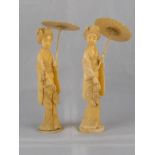 Two Japanese ivory figures, each a lady with parasol , circa 1920, in original wooden boxes. Ht.