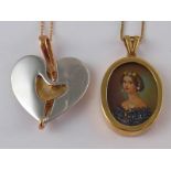 A mixed lot comprising a 9 carat gold pendant containing a portrait miniature set with clear stones,